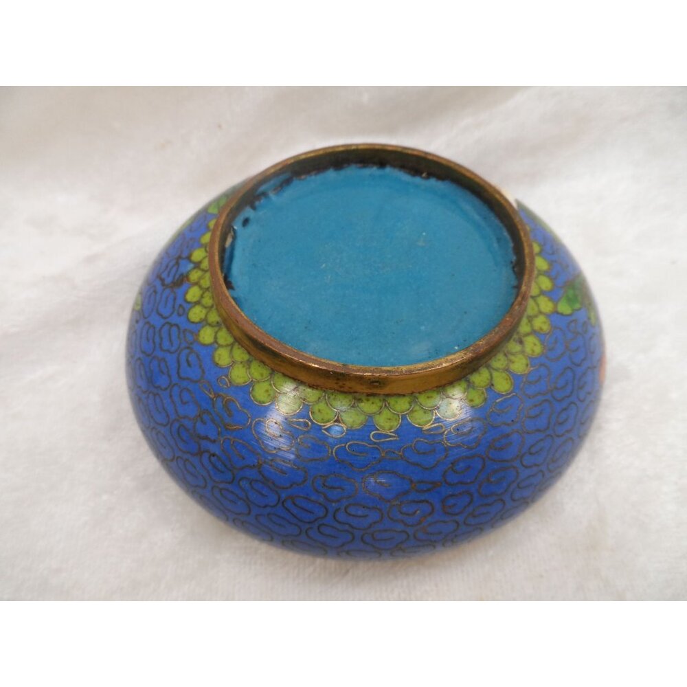 Vintage Chinese Cloisonné Enamel Round Ashtray Blue Floral Trinket Dish 3.5” - Picture 9 of 13